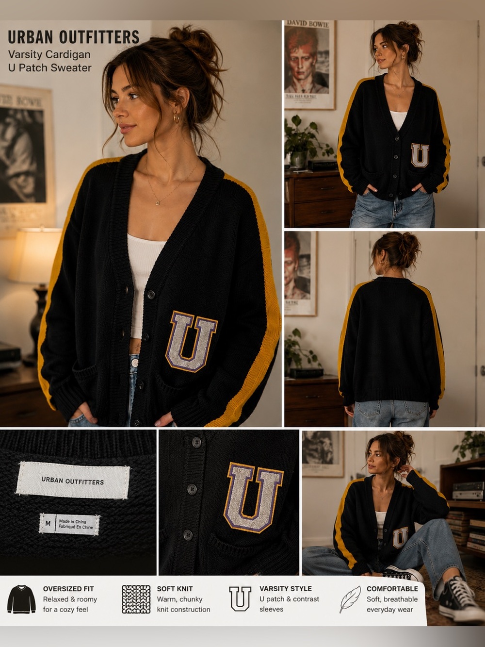 Urban Outfitters Varsity Cardigan U Patch Black Sweater M academia collegiate R